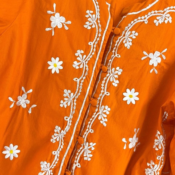 90s KAIL Vintage Orange Cotton Floral Embroidered Button Up Blouse - Picture 2 of 7